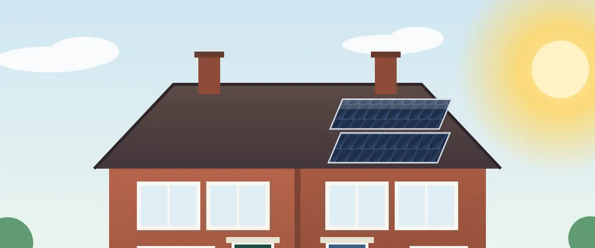 Illustration of solar panels on a UK house roof under a sunny sky